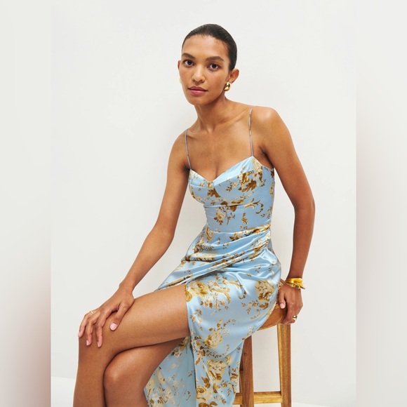 Reformation Marguerite Silk Dress Blue - Size 6 - Picture 2 of 8